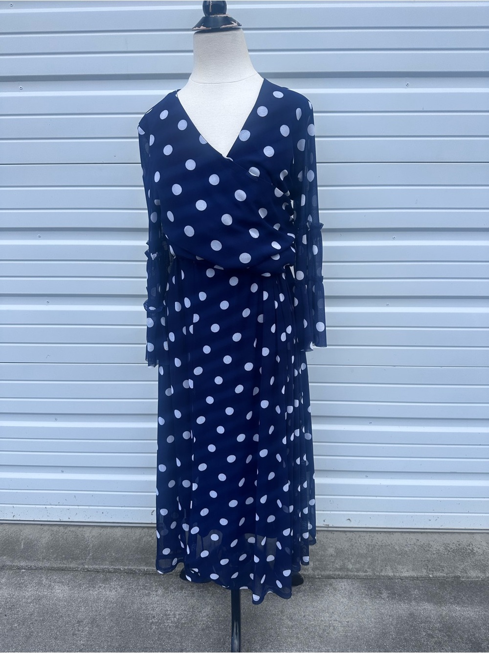 Allison Brittney Navy and White Polka Dot Midi Dress